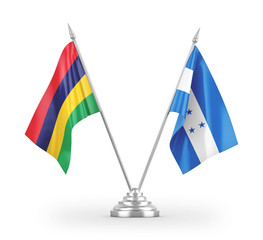 Honduras and Mauritius table flags isolated on white 3D rendering