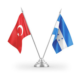 Honduras and Turkey table flags isolated on white 3D rendering