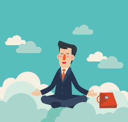 Businessman meditates in lotus position on clouds. Business people practicing yoga