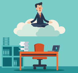 Businessman meditates in lotus position on clouds. Business people practicing yoga in office