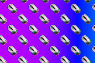 Computer mouse with glitch 3d stereo effect pattern on neon background. Creative computer technology and electronic accessory layout. Equipment for laptop concept