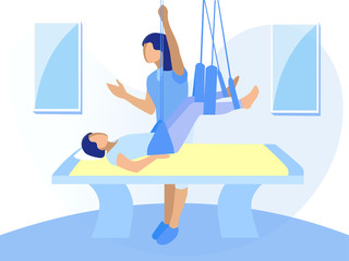 Table with Special Ropes for Invalid Rehab Cartoon. Recovery and Rehabilitation Program for Wheelchair Users. Disabled Woman and Physiotherapist. Physiotherapeutic Exercise. Vector Flat Illustration