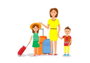 Happy Young Woman in Yellow Dress Standing with Children and Luggage Isolated on White Background. Mother Travelling with Little Daughter and Son Characters Cartoon Flat Vector Illustration, Clip Art.