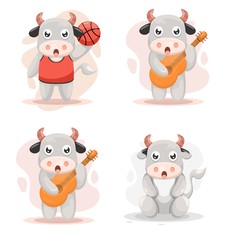 adorable cow play guitar and basketball cartoon vector
