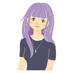 パンクスタイルのファッションの若い女性（紫の髪・微笑）