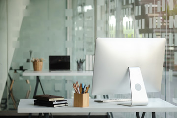 Workspace desk and laptop. copy space and blank screen. Business image, Blank screen laptop and supplies.