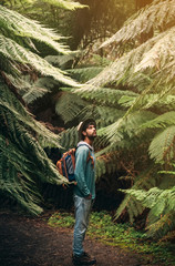 Happy young male traveler looking for adventure in a lush rainforest