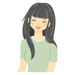 黒髪のカジュアルな服装の女性（ストレートロング・笑顔）