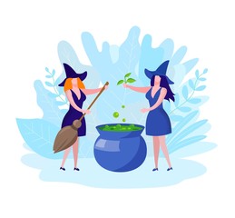 Vector Illustration. Women in Costumes Witch Postcard for Halloween. Carnival Costume. Women in Black Dresses and Hats Prepare Potion. Play Role. Halloween Card. Witch with Broom and Plant in Hands.