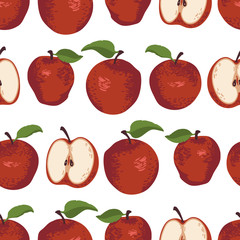 Vector summer pattern with apples, flowers and leaves. Seamless texture design.