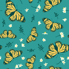 Vector seamless pattern with bright butterflies, leaves and flowers. Hand drawn texture design.