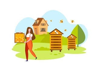 Obraz na płótnie Canvas Woman with Honeycombs on Background Apiary and House. Organic Honey. Apiary in Village. Vector Illustration. Healthy Food. Organic Food. Produced by Natural Products. People and Organic Production