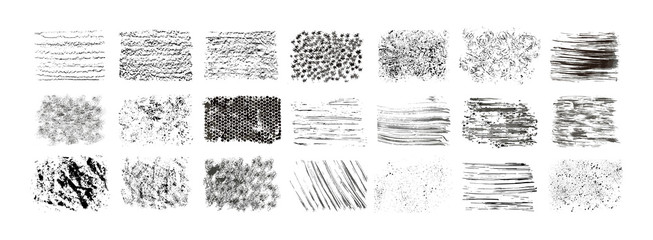 Bundle of handmade textures - acrylic paint, ink, watercolor, pastel, pencils for creating vector brushes or backgrounds. Handdrawn dirty grungy textured artistic isolated design elements on white.