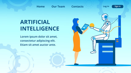 Banner Presents Artificial Intelligence Development and Teaching Process in Laboratory. Woman Researcher with Tablet Standing in front of Robot Sitting and Holding Toy Ball. Vector Illustration
