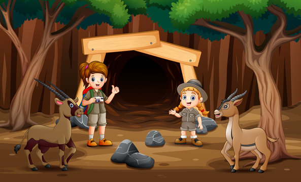 Scouts girls exploring the mine illustration