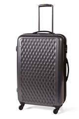 Fototapeta premium One graphite grey suitcase for travel or graphite grey luggage, graphite grey baggage isolated stand alone on white background with clipping path.