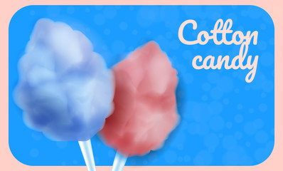 Fototapeta na wymiar Color Cotton Candy on Blue Background. Best Sweets for Children. Vector Illustration. Nature Composition. Advertising Poster Candy Shop. Round Air Candy Cotton. Confectionery Delicious.