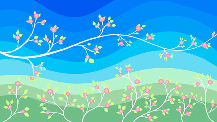 Vector spring abstract flat background. Branches with flowers and leaves on a blue-green background.