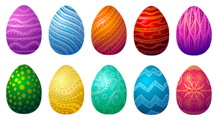 Vector set of multi-colored patterned Easter eggs on a white background.