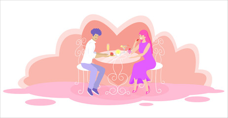 Happy Loving Couple Dating in Restaurant. Man and Woman Characters Sitting at Table with Candle and Dessert. Declaration of Love, Romantic Meeting, Weekend Leisure. Cartoon Flat Vector Illustration