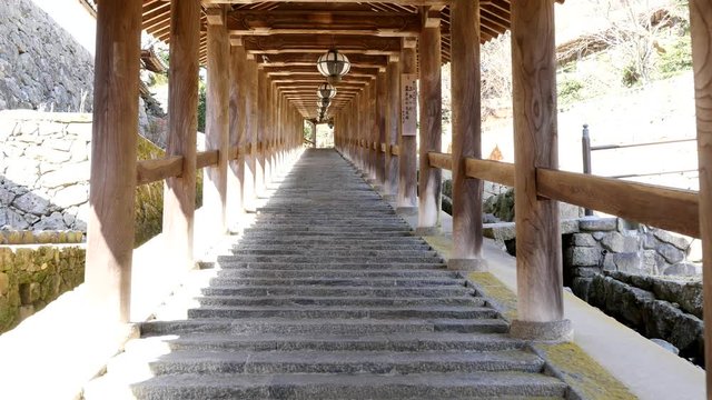 Nara,Japan-February 21, 2020: Ascending stone steps of Hasedera temple in Nara