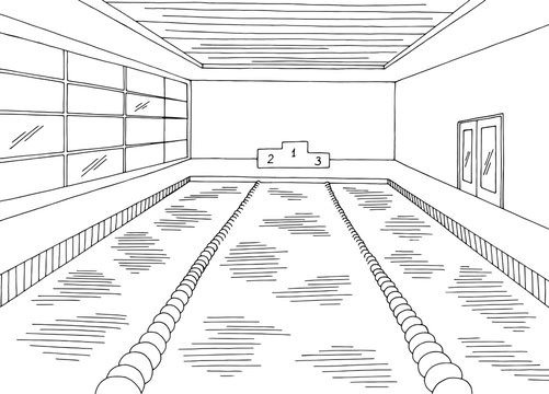 Swimming pool interior graphic black white sketch illustration vector