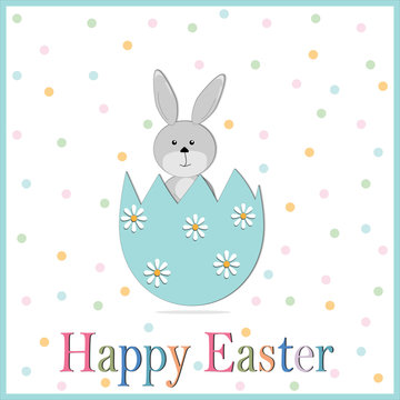 Holiday card with Easter image of a Bunny in a broken decorated egg on a background of multi-colored confetti, vector illustration, text present