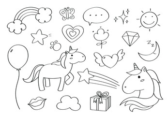 Cute doodle pony unicorn cartoon icons and objects.