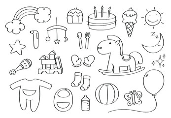 Cute doodle baby accessories cartoon icons and objects.