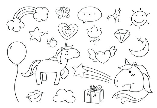 Cute doodle pony unicorn cartoon icons and objects.
