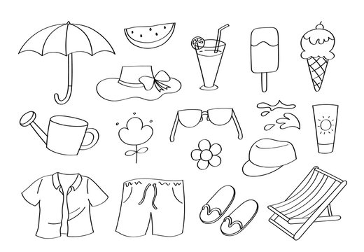 Cute doodle summer season cartoon icons and objects.
