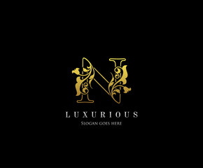 Gold N letter luxury beauty flourishes ornament monogram logo perfect for boutique, wedding invitation, restaurant,hotel.