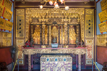 Altar with ancestral tablets inside the Khoo Kongsi, a large Chinese clanhouse with elaborate and highly ornamented architecture and one main attraction of Penang