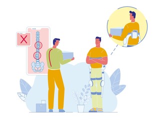 Spine Injury Protective Tech and Treatment Method. Man Wearing Special Device with Straight Back. Guy without Help Having Curved Spinal Column. Cartoon Infographic. Vector Flat Illustration