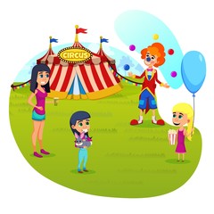 Obraz na płótnie Canvas Informational Poster Circus Performance Cartoon. Adults and Children are Talking with Clown Standing Near Circus. Clown Offers to Visit Show Program Circus Tent. Vector Illustration.