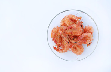 Top view Fried Shrimp in clear plate with copy space on white background.
