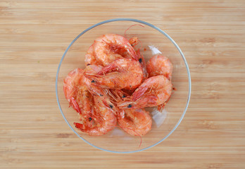 Fried Shrimp in plate on wood background.