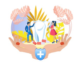 Man in Blue Suit near Tooth Mockup. Woman in Dress with Thermometer. Vector Illustration. Insurance Case. Employee Insurance Company and Client. Health Insurance. Health Care. Dentist Medical Policy.
