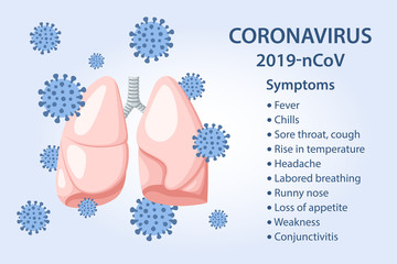 Symptoms of coronavirus 2019-nCoV. Coronavirus attack human lungs Vector illustration in flat style isolated over blue background.