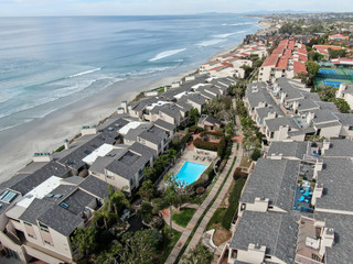 Aerial view of condo community next to the beach and sea in south california. Solana Beach. USA