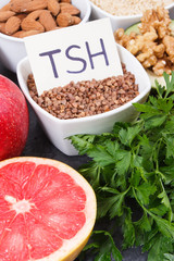 Natural ingredients, fruits and vegetables containing vitamins for healthy thyroid