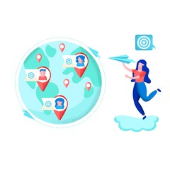 Informative Banner Development Email Route Flat. Navigation for News Reports and Digests. Girl Launches Paper Airplane around Planet. Low Cost Channel Support. Vector Illustration.