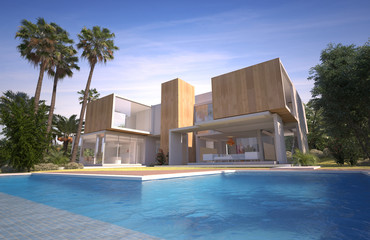 Elegant modern home with pool in tropical garden