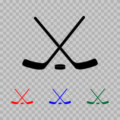 Hockey icon.  Two crossed hockey sticks and a puck. Flat. Vector