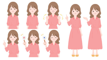 女性の表情とポーズのセット