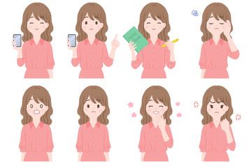 女性の表情とポーズのセット