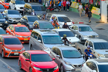 Fototapeta premium A stream of cars, Traffic jam in Bangkok, Largest city of Thailand.