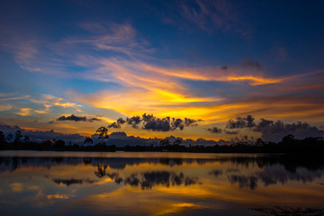 Wallpaper blurred nature of the twilight light in the evening by the large water basin surrounded...