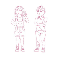 Kids boy and girl flat vector illustrations set. children in casual clothing greeting gesture. school students, cartoon characters 