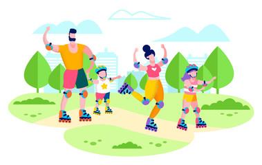 Happy Family Summer Active Leisure, Healthy Lifestyle and Outdoors Recreation Flat Vector Concept. Happy Father and Mother Having Fun, Rollerskating in City Park with Son and Daughter Illustration